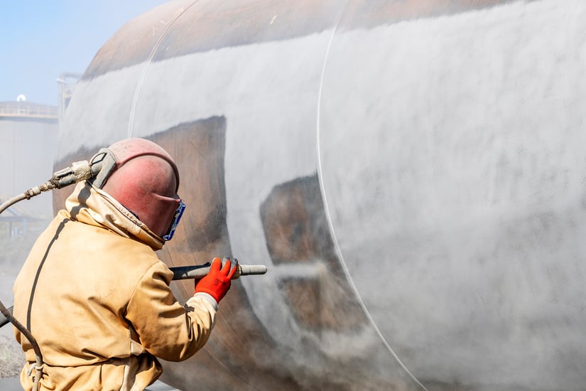 Close up view of sandblasting before coating. Abrasive blasting, more commonly known as sandblasting, is the operation of forcibly propelling a stream of abrasive material against a surface.